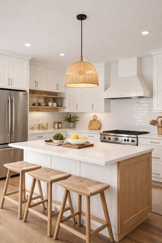 Rattan pendant light illuminating a modern kitchen island with white cabinetry and wicker seating.