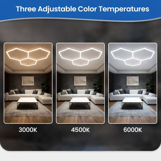 Three adjustable color temperatures of hexagon ceiling lights: 3000K, 4500K, 6000K in modern living room settings.