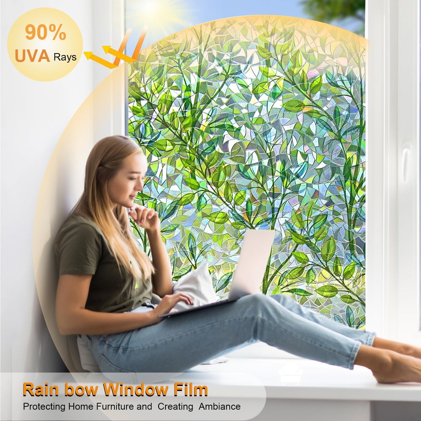 Static Cling Window Privacy Film – 35" × 157", Green Botanical Frosted Glass, No-Adhesive UV-Blocking Cover