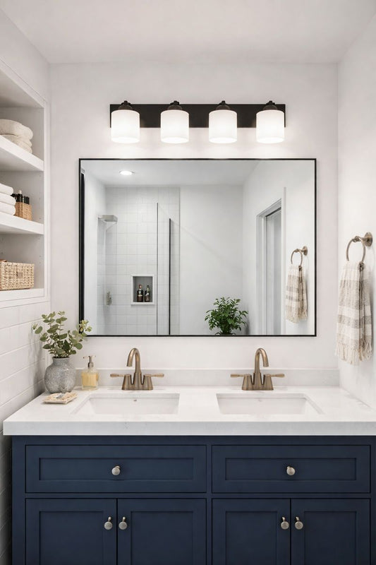 Bathroom Vanity Light - 30" Black 4-Light Wall Fixture with Opal Glass Shades in modern bathroom setting.