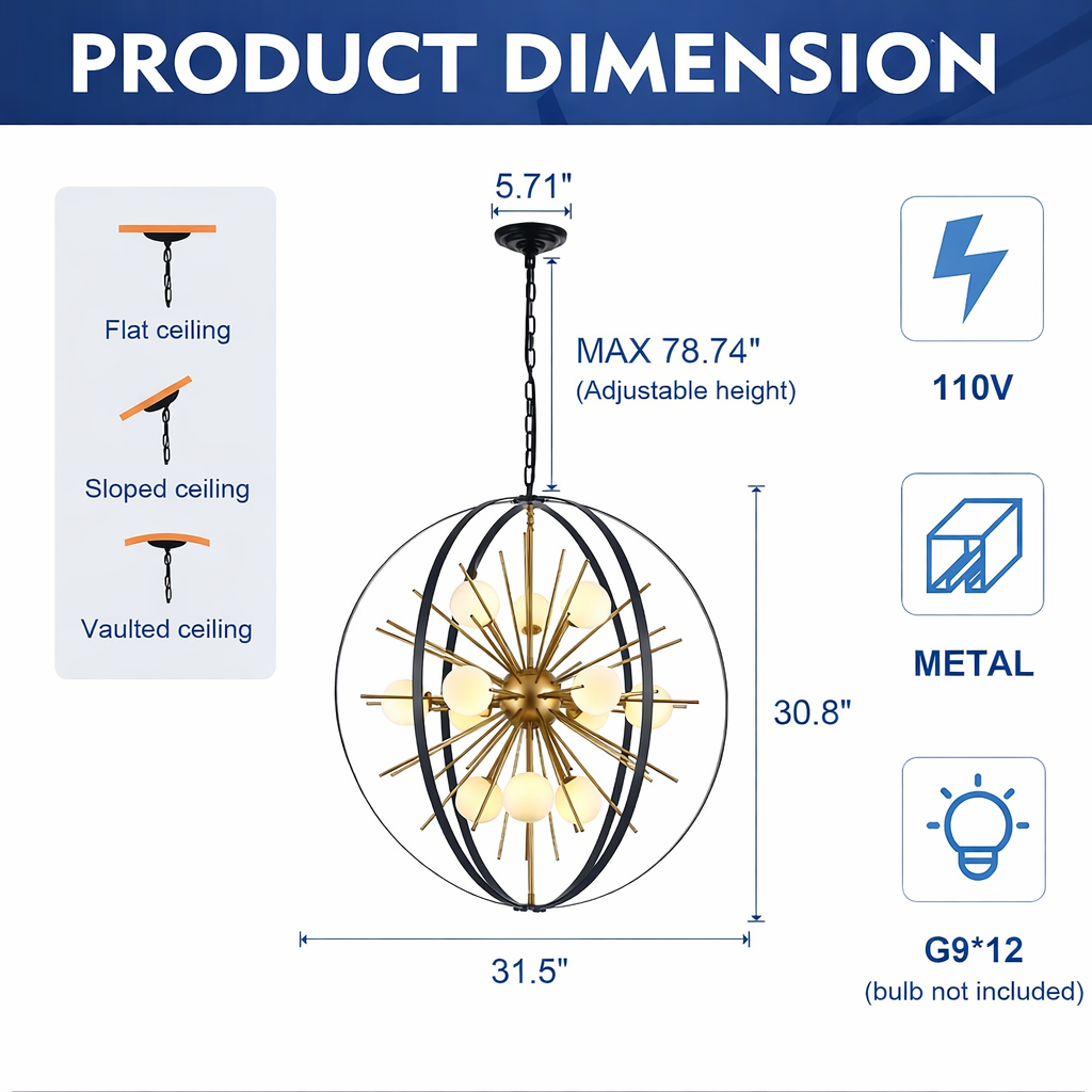 Black and Gold Sputnik Chandelier - Specs