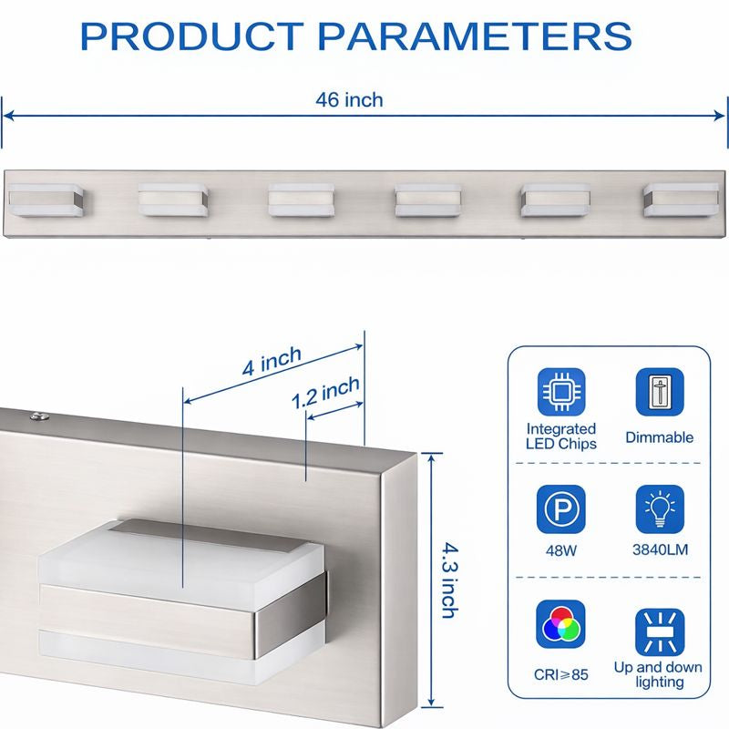 Bathroom vanity light dimensions and features, showcasing 6-light LED modern brushed nickel wall fixture.