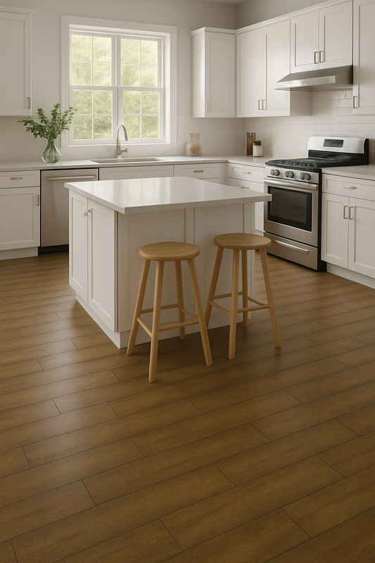 Peel and stick floor planks retro wood look in kitchen
