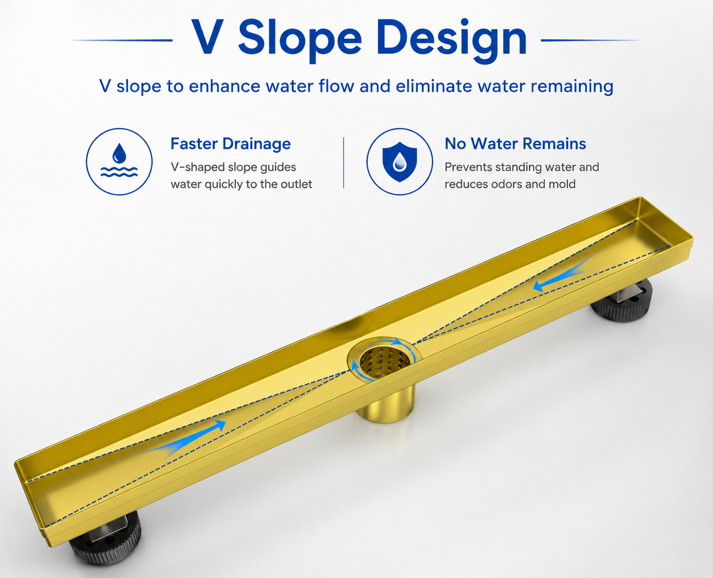 36" Brushed Gold Linear Shower Drain with Tile Insert – Stainless Steel Floor Drain with Hair Strainer & Adjustable Leveling Feet