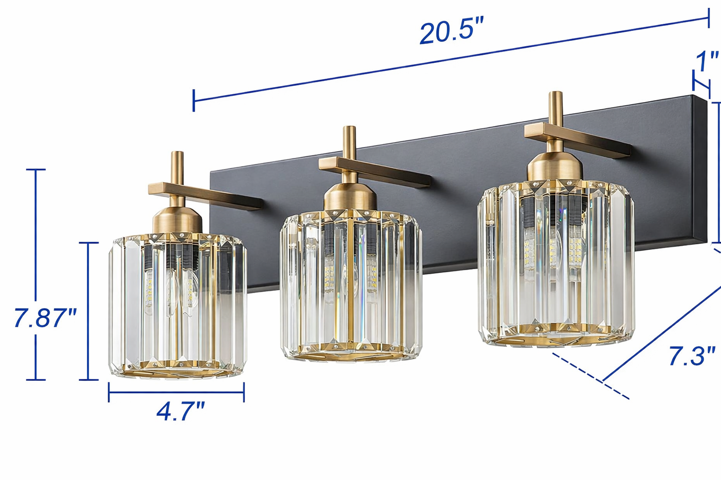 Modern Crystal Bathroom Vanity Light – 3-Light Black & Gold Wall Fixture Over Mirror (E26 Base)
