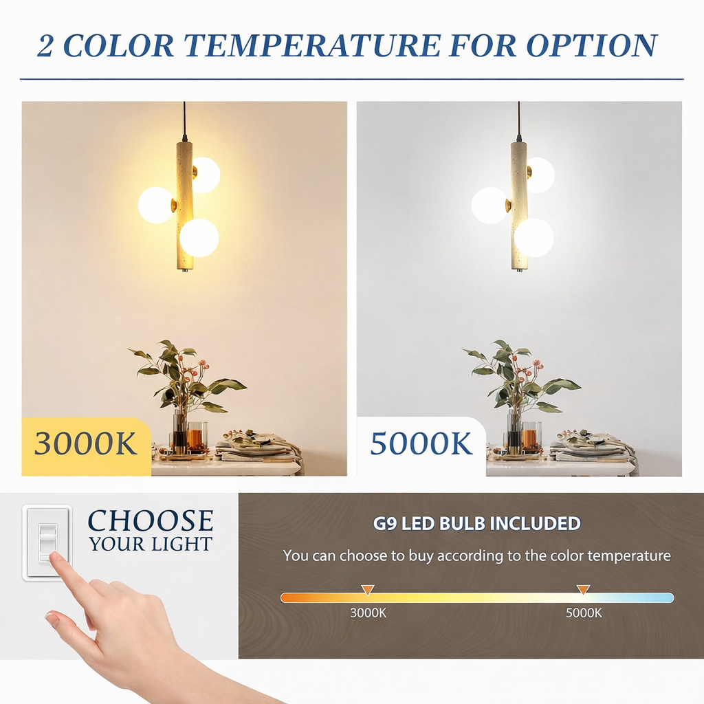 Travertine Pendant Light showcasing 2 color temperature options 3000K and 5000K with G9 LED bulb included for stylish lighting.