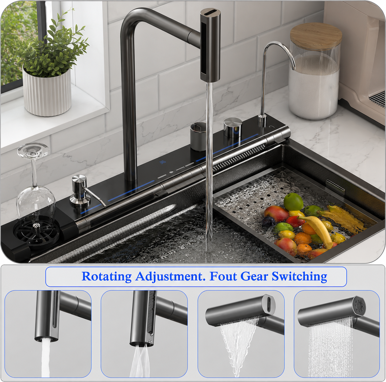 Smart Dual Waterfall Kitchen Sink Workstation with Digital Display & Pull-Out Faucet – 31.5" Stainless Steel