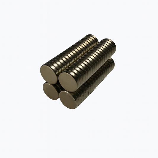 Close-up of round N52 neodymium magnets with nickel coating 100 pack