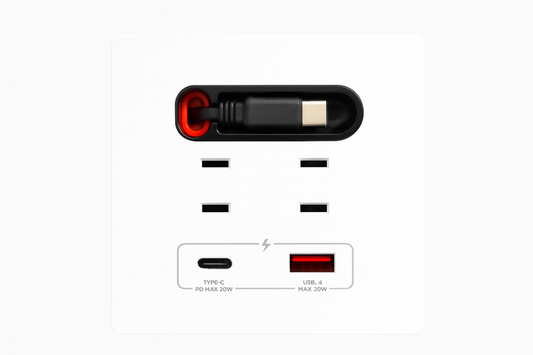 Modern white wall outlet with built-in charging cable front view