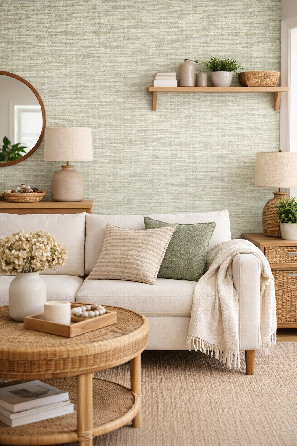 grasscloth peel and stick wallpaper in a living room