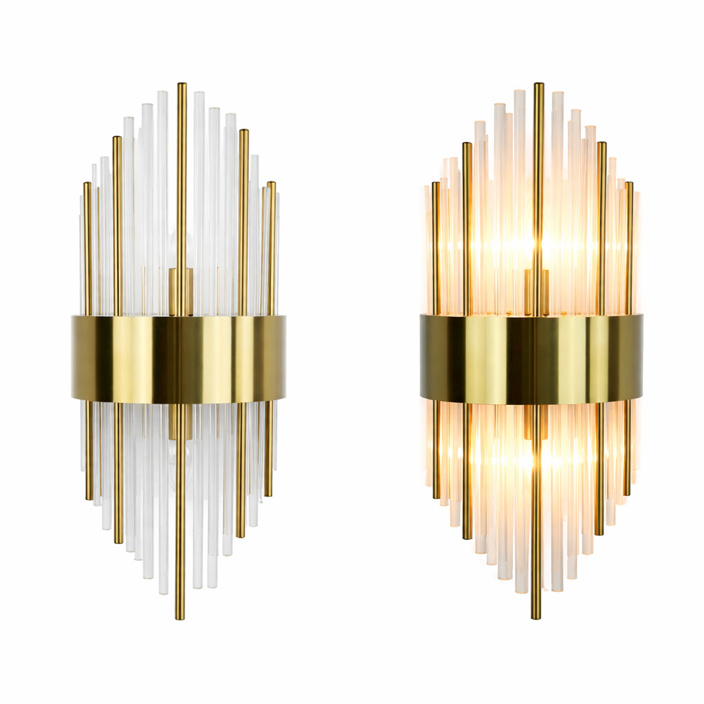 Modern Gold Crystal Wall Sconces – Set of 2 Brass Glass Vanity Lights – 2-Light E12 Hardwired Wall Fixtures