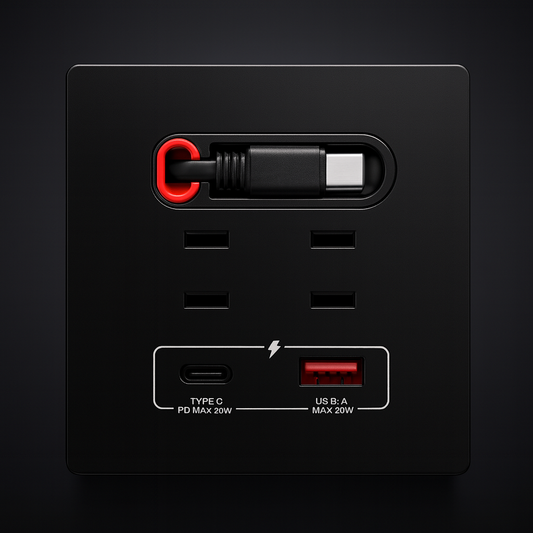 Modern black wall outlet with built-in charging cable front view