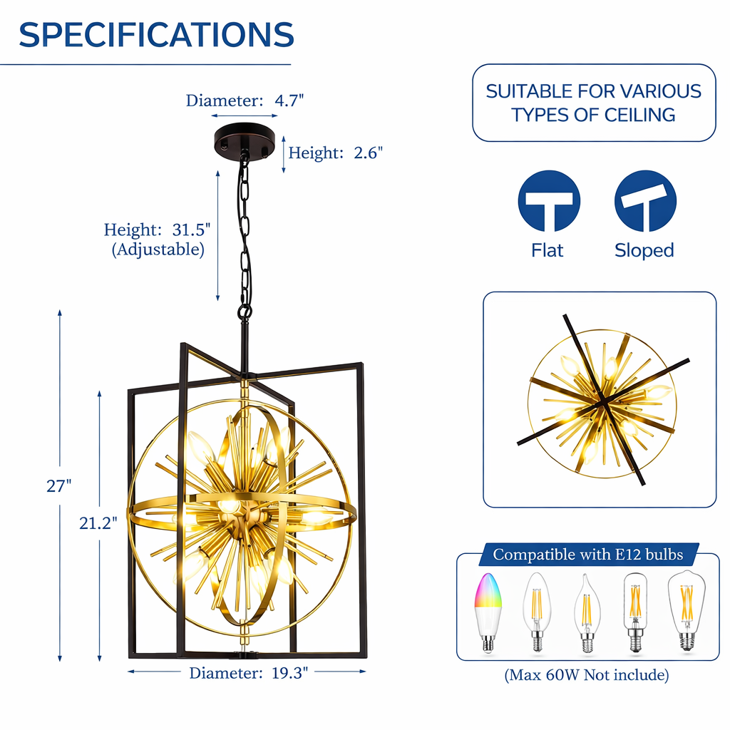 Black and gold Sputnik Chandelier - specs