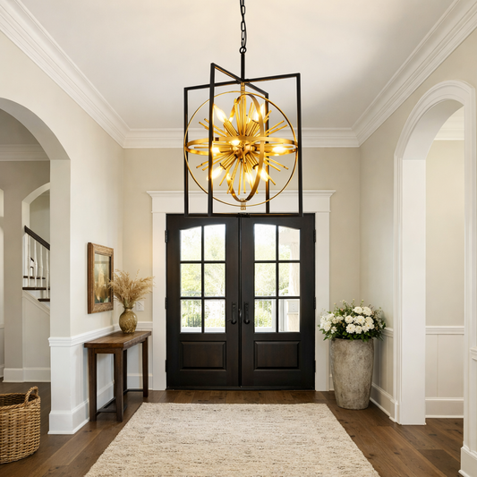 Black and gold Sputnik Chandelier - entryway setting