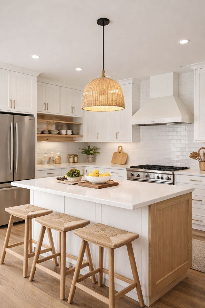 Rattan pendant light illuminating a modern kitchen island with white cabinetry and wicker seating.