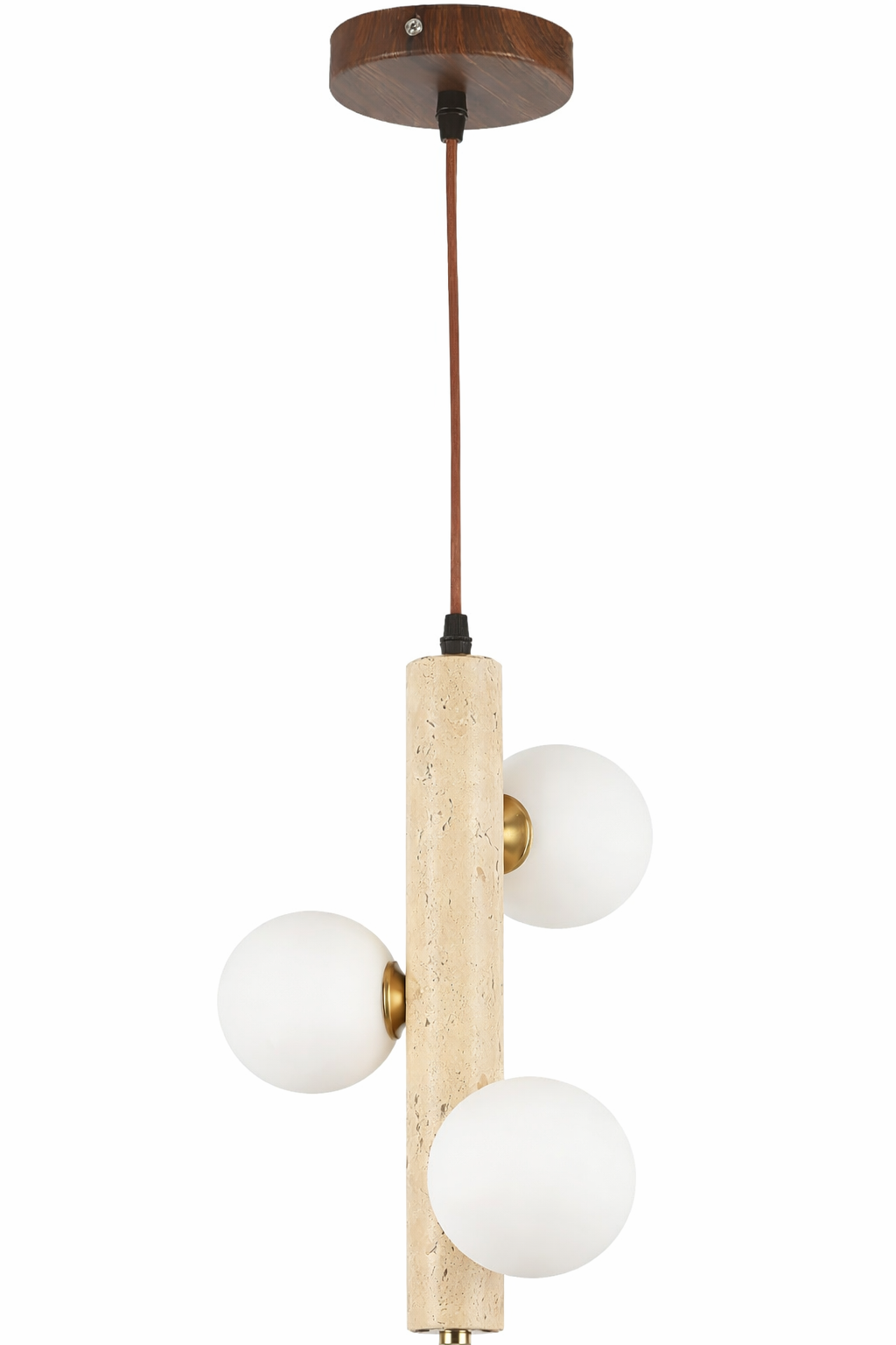 Travertine Pendant Light – Japandi Wabi Sabi Stone Hanging Lamp with three frosted glass globes.
