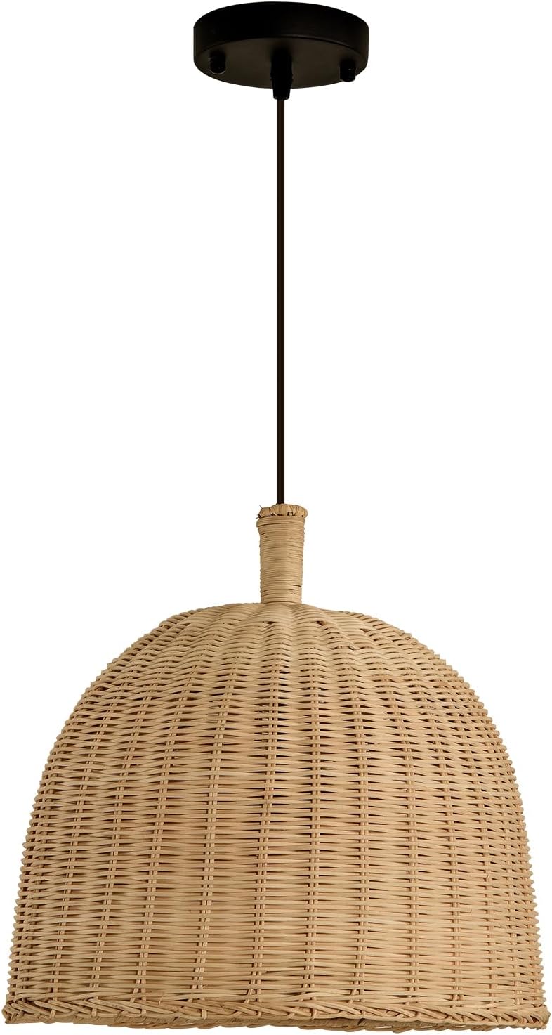Rattan pendant light with hand-woven wicker design in an oval shape, perfect for dining and living spaces.