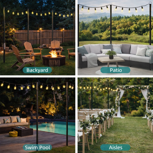 4-Pack Outdoor String Light Poles – 10FT Heavy-Duty Metal Poles with Ground Fork for Patio, Garden & Backyard