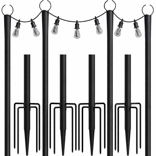 4-Pack Outdoor String Light Poles – 10FT Heavy-Duty Metal Poles with Ground Fork for Patio, Garden & Backyard