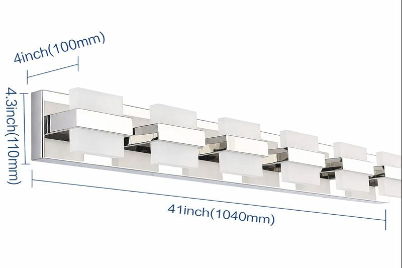 Bathroom vanity light – 41" Chrome 6-light LED fixture with modern acrylic design and dimensions.
