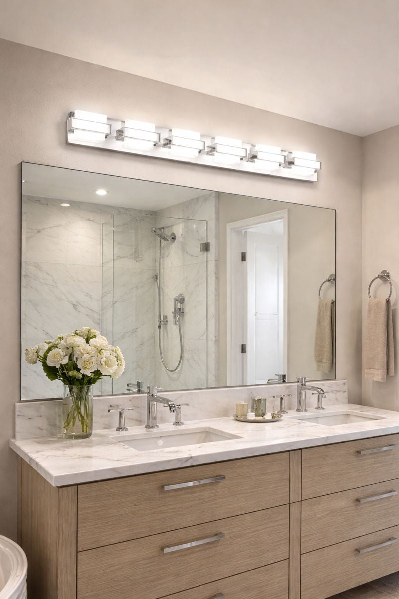Bathroom vanity light illuminating a modern bathroom with a large mirror and stylish decor.