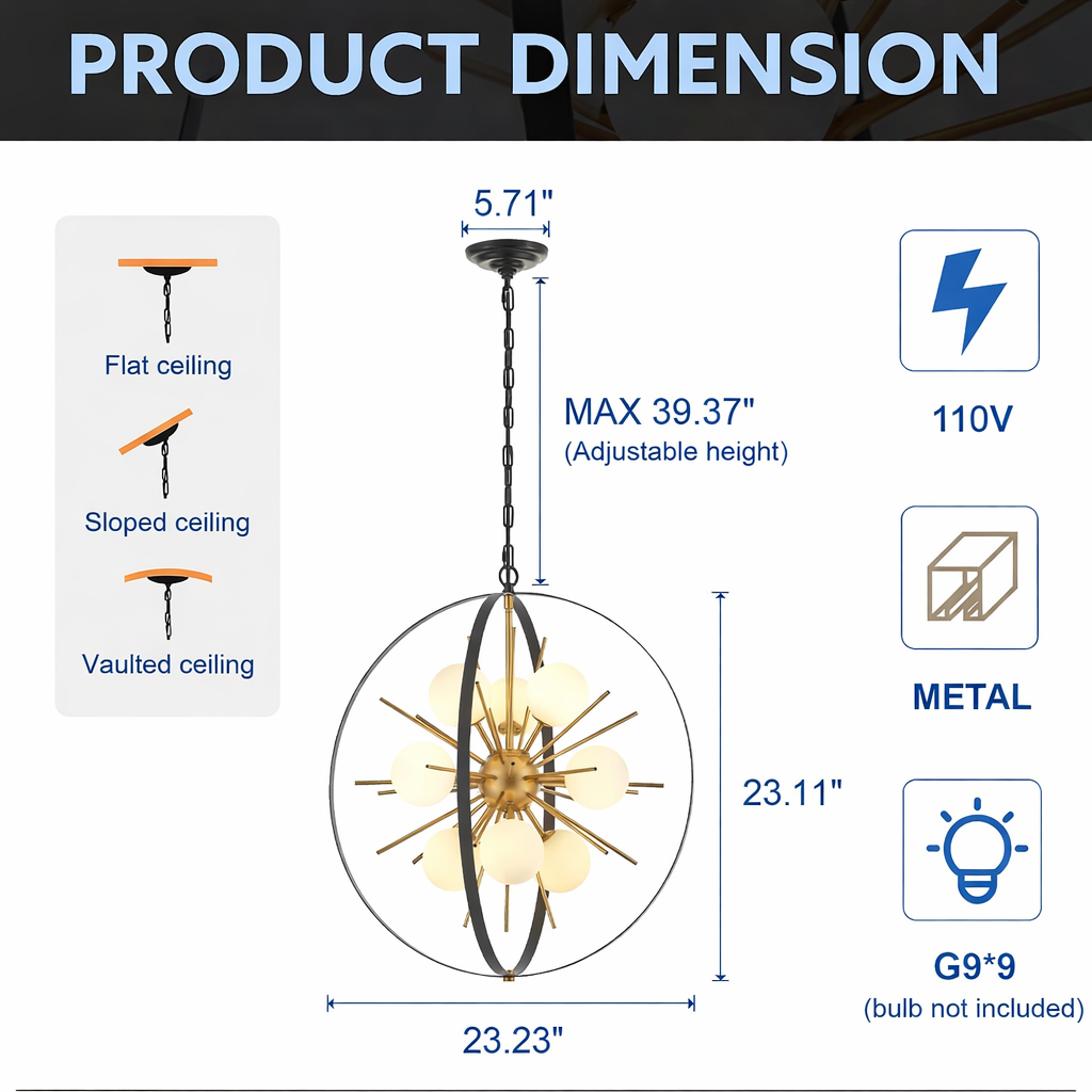 Black and Gold Sputnik Chandelier - Specs