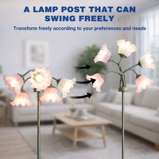 Floral floor lamp with adjustable flower-shaped shades that swing freely, enhancing modern living spaces.