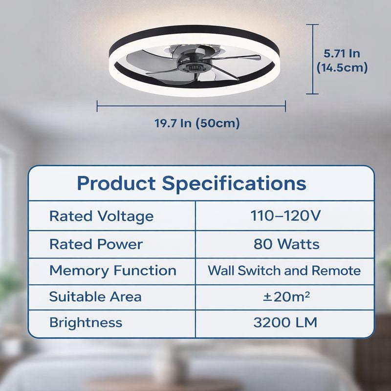 Flush Mount Ceiling Fan with Light specifications, including rated voltage and power, ideal for modern low-profile living spaces.