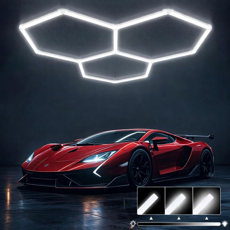Hexagon ceiling light illuminating a modern red sports car in a dark garage, showcasing 3 pack LED hexagon ceiling light.
