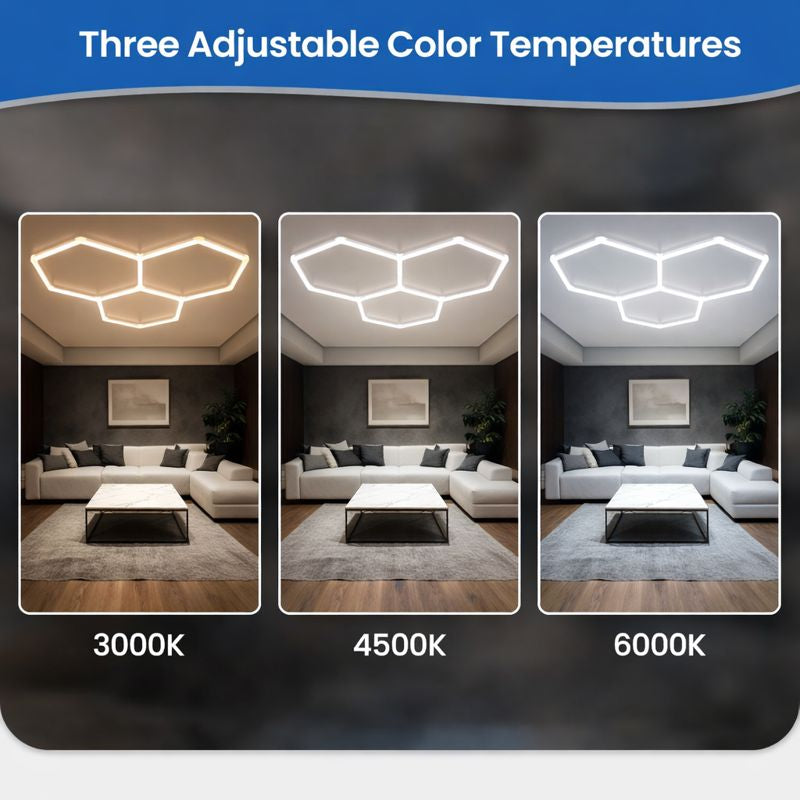 Three adjustable color temperatures of hexagon ceiling lights: 3000K, 4500K, 6000K in modern living room settings.
