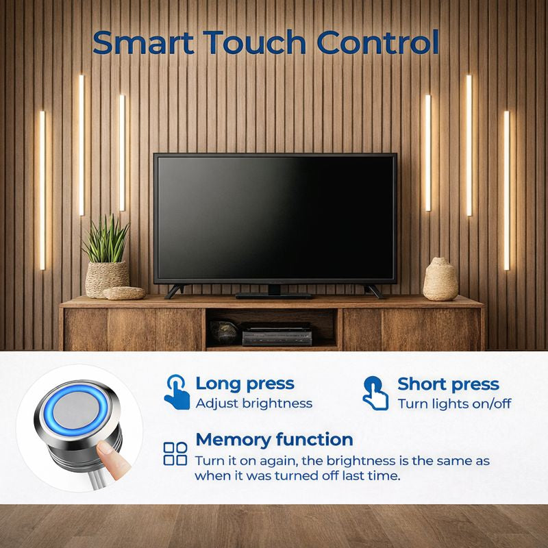 LED Wall Panel Lights with smart touch control and memory function illuminating a modern living room.