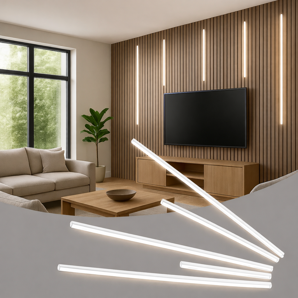 LED Wall Panel Lights in a modern living room, showcasing sleek design and warm 3000K glow accentuating wood slat walls.