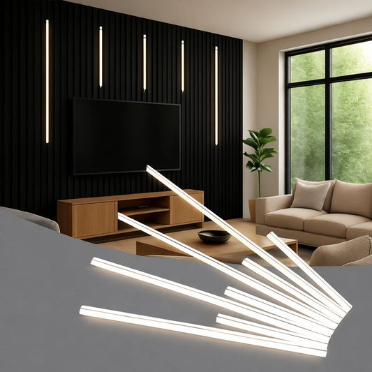 LED Wall Panel Lights displayed in a modern living room with wood slat accents and soft illumination.