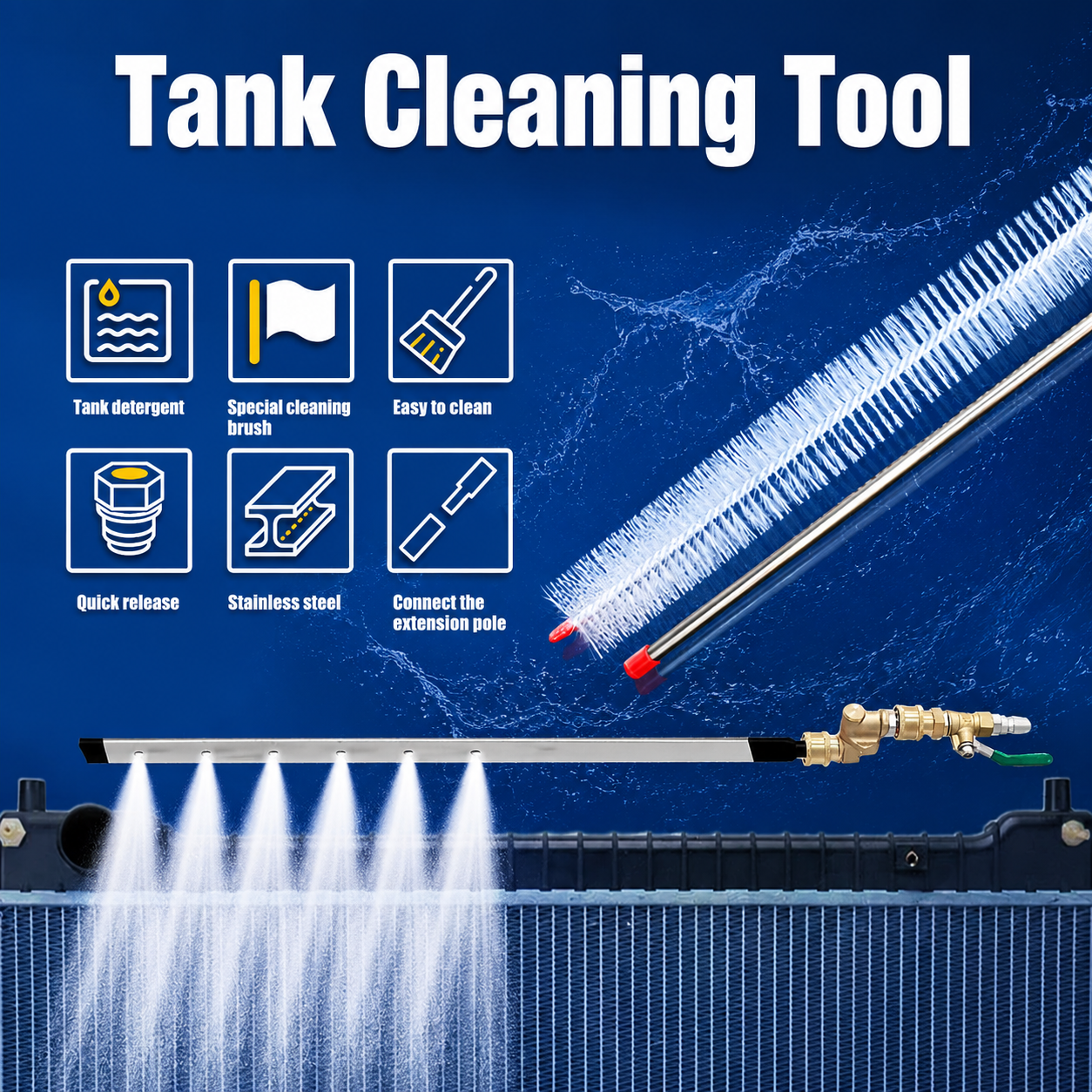 40" Professional Radiator Cleaning Wand Kit with 6 Spray Nozzles, Scrub Brush & Dual Air/Water Adapters