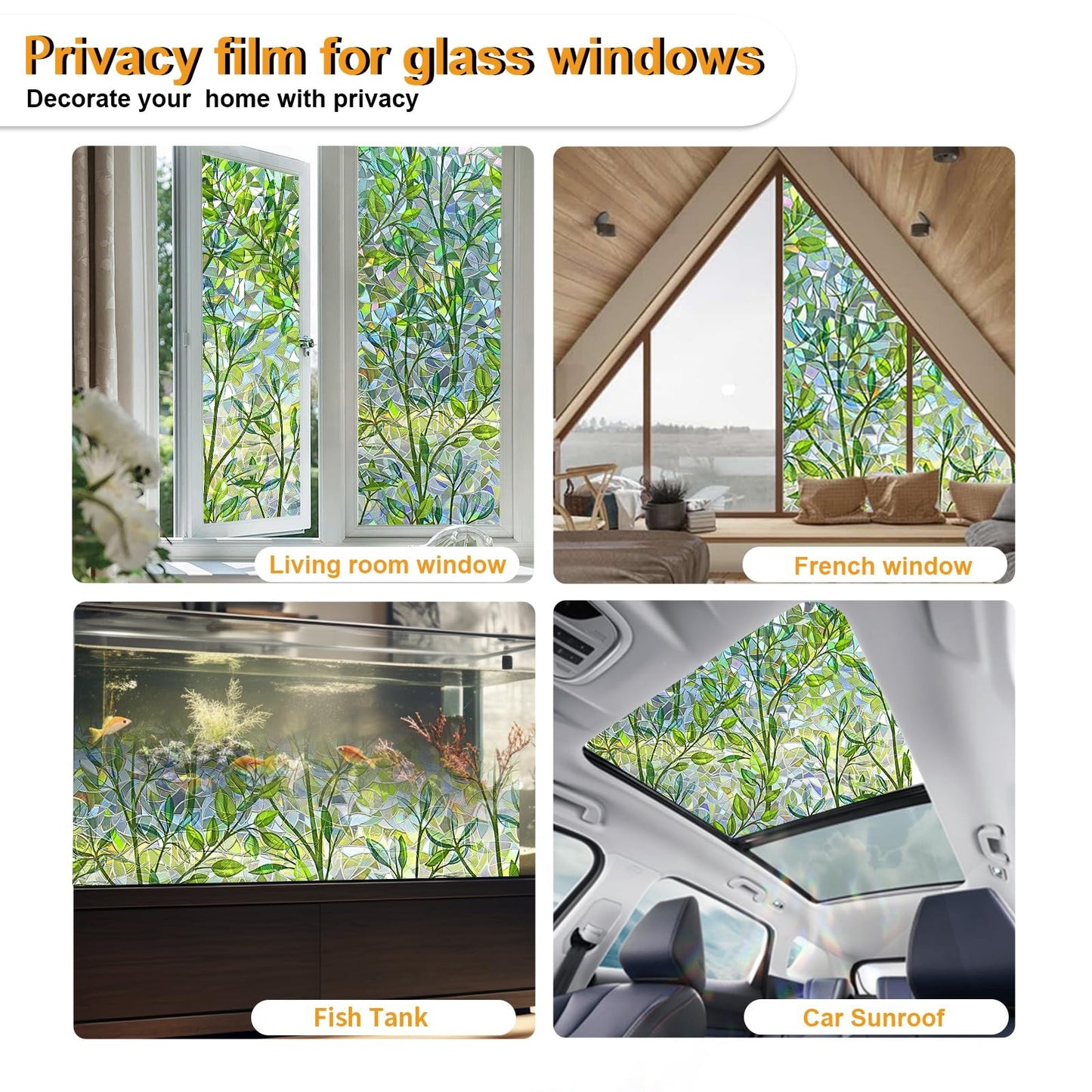 Static Cling Window Privacy Film – 35" × 157", Green Botanical Frosted Glass, No-Adhesive UV-Blocking Cover