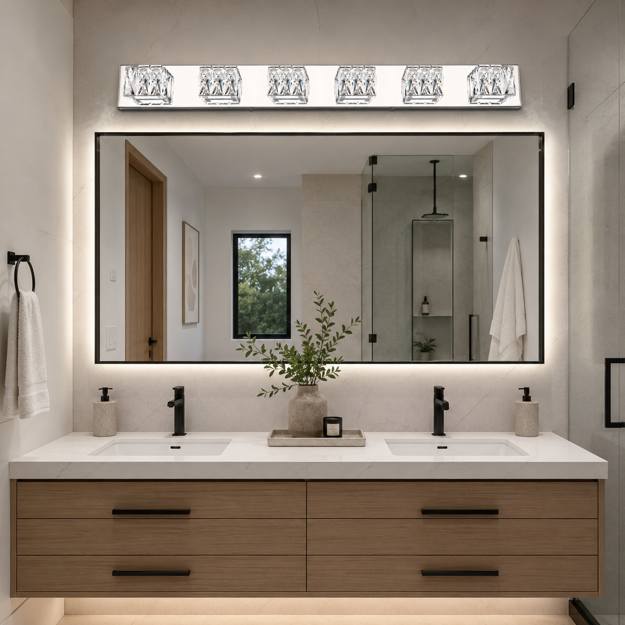 41.7" Modern LED Crystal Bathroom Vanity Light – 6-Light Chrome Fixture with 5CCT Color Selectable & Dimmable