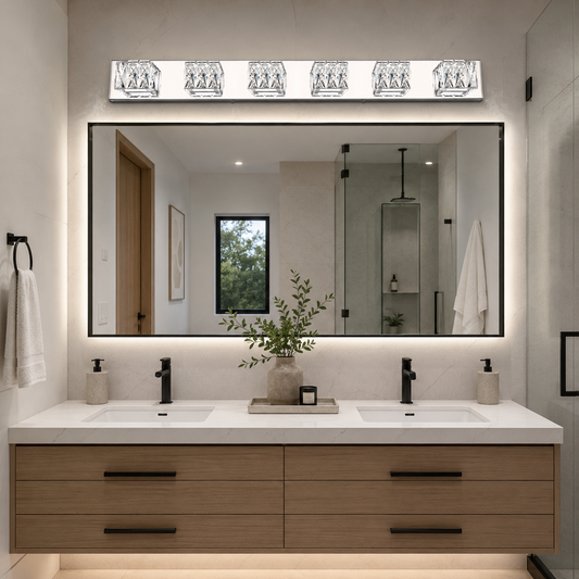41.7" Modern LED Crystal Bathroom Vanity Light – 6-Light Chrome Fixture with 5CCT Color Selectable & Dimmable