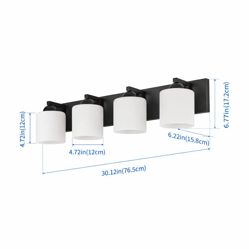 Bathroom Vanity Light – 30" Black 4-Light Fixture with Opal Glass Shades and dimensions 30.12in x 6.77in x 4.72in.