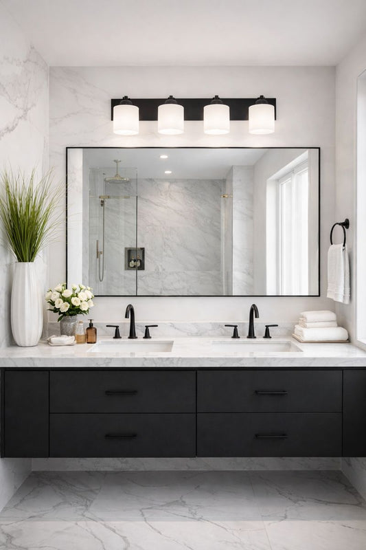 Bathroom Vanity Light – Sleek 30" black fixture above modern bathroom mirror with opal glass shades.