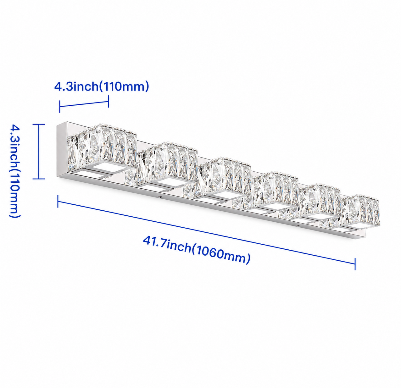 41.7" Modern LED Crystal Bathroom Vanity Light – 6-Light Chrome Fixture with 5CCT Color Selectable & Dimmable