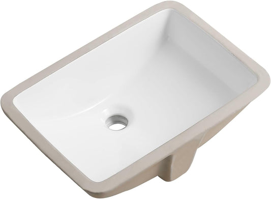 18" White Ceramic Undermount Bathroom Sink – Rectangular Porcelain Vanity Basin with Overflow