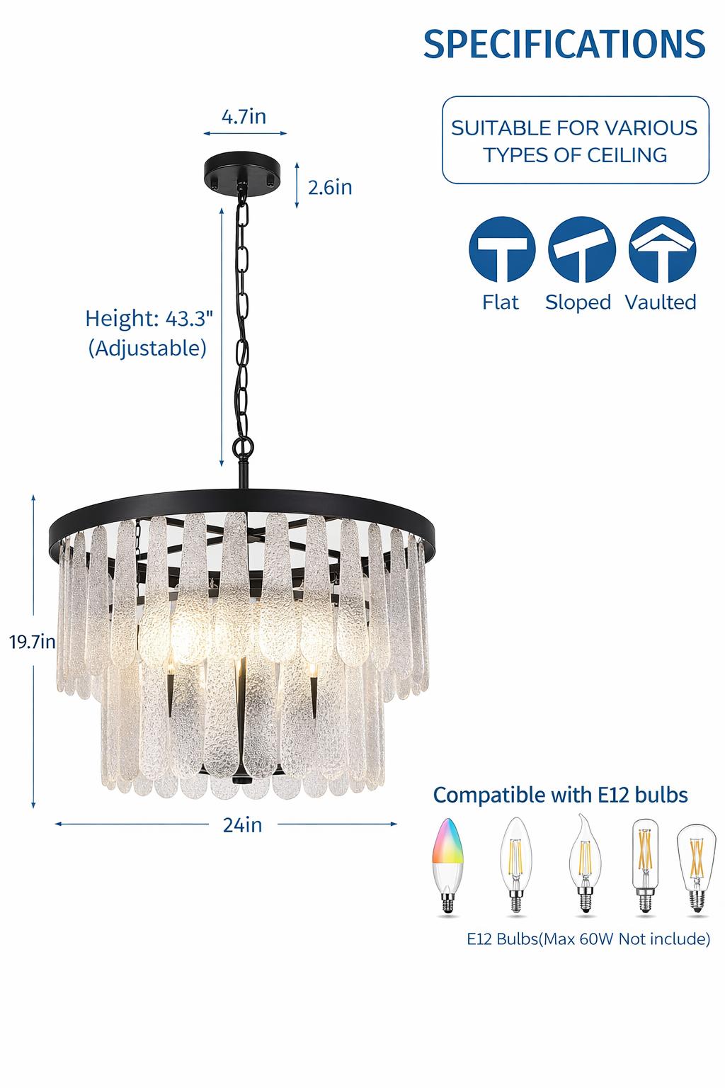 Modern 6-Light Black Farmhouse Boho Glass Pendant Chandelier with waterfall glass design dimensions.