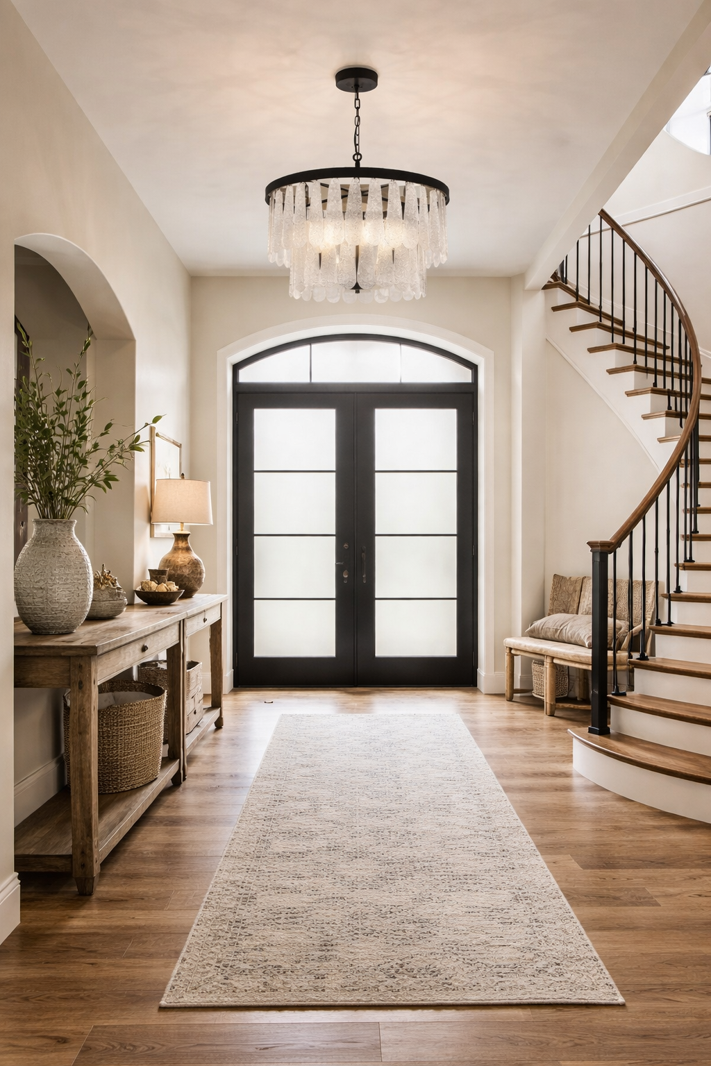 Boho Glass Pendant Chandelier illuminating a stylish entryway with a wooden console table and staircase.