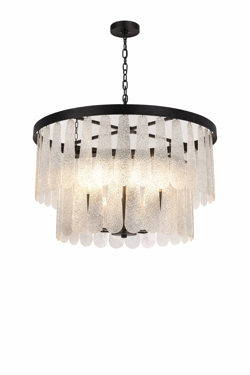 Boho Glass Pendant Chandelier – Modern 6-Light Black Farmhouse Waterfall Hanging Light with glass panels.
