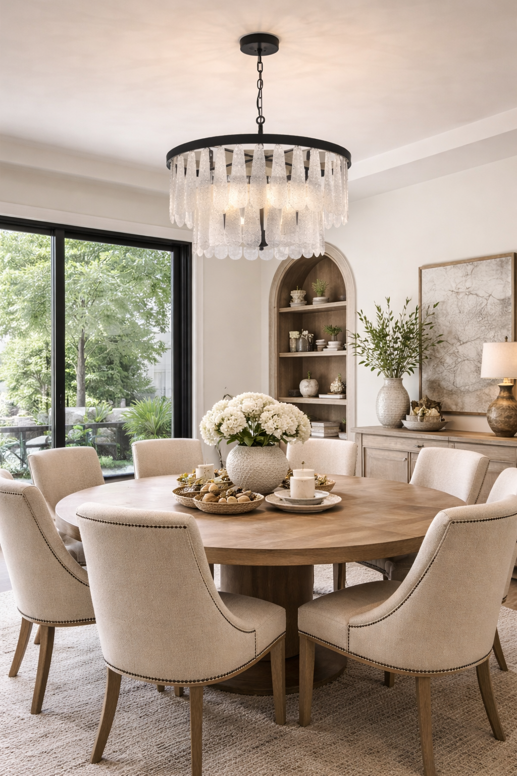 Boho Glass Pendant Chandelier in a modern dining room with a round wooden table and stylish chairs.