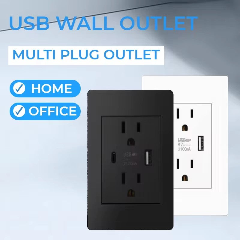 White and black wall outlet with USB-C and USB-A charging ports