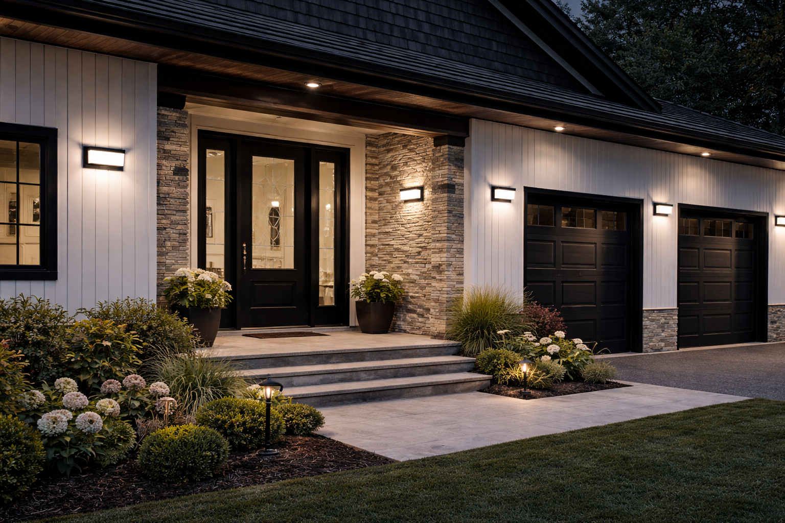 LED Outdoor Wall Lights illuminating a modern home entrance at night, featuring stylish aluminum design and surrounding landscaping.