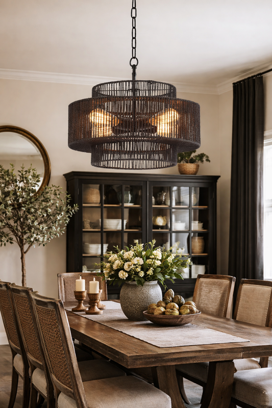 Hand-Woven Rattan Chandelier Light Fixture – 3-Tier Boho Farmhouse Ceiling Light, Black (17.7")