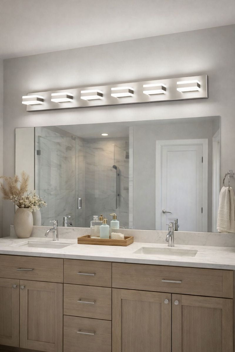 Bathroom vanity light in brushed nickel over a modern bathroom mirror with dual sinks and contemporary decor.