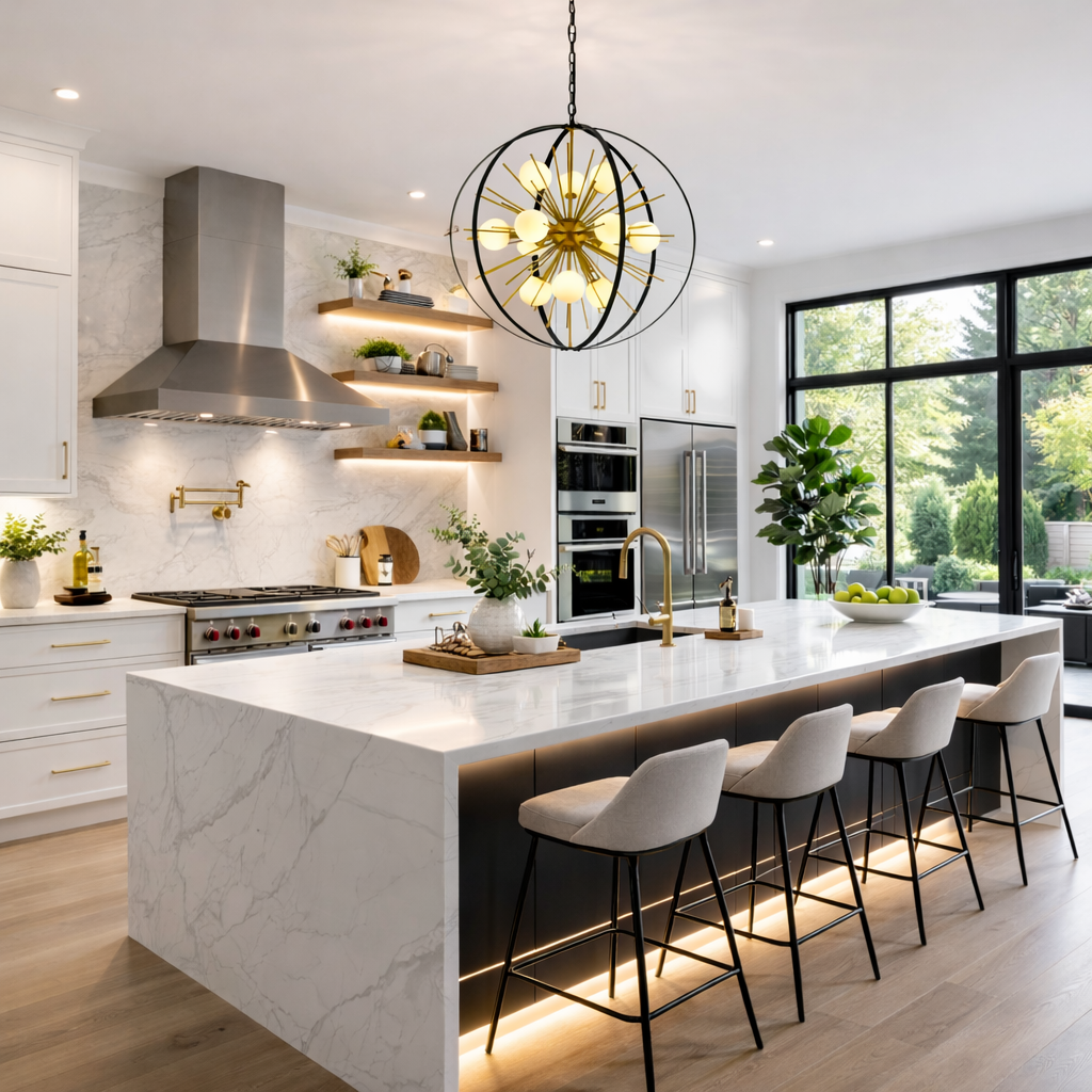 Black and Gold Sputnik Chandelier - Kitchen Island